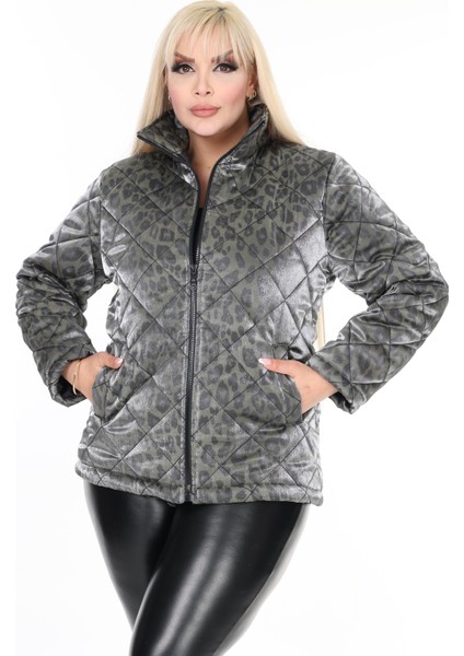 Kadın Büyük Beden Kapitone Beli Lastikli Dik Yaka Çift Cepli Leopar Desenli Haki Şişme Mont