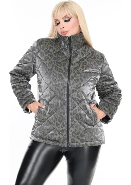 Kadın Büyük Beden Kapitone Beli Lastikli Dik Yaka Çift Cepli Leopar Desenli Haki Şişme Mont fiyatları