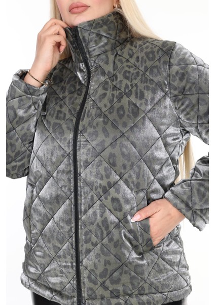 Kadın Büyük Beden Kapitone Beli Lastikli Dik Yaka Çift Cepli Leopar Desenli Haki Şişme Mont modelleri