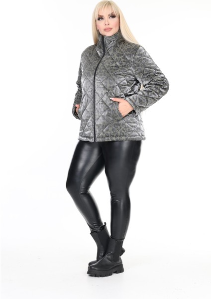 Kadın Büyük Beden Kapitone Beli Lastikli Dik Yaka Çift Cepli Leopar Desenli Haki Şişme Mont fırsatları