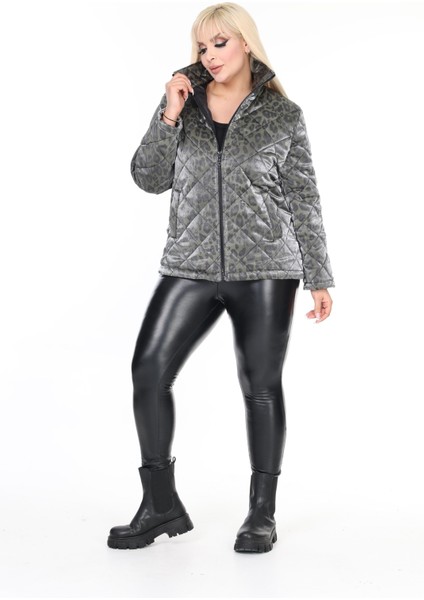 Kadın Büyük Beden Kapitone Beli Lastikli Dik Yaka Çift Cepli Leopar Desenli Haki Şişme Mont indirimleri