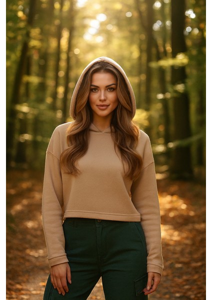 Kapşonlu Kadın Crop Sweatshirt Bej