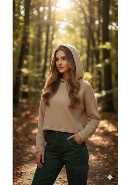 Kapşonlu Kadın Crop Sweatshirt Bej fiyatları