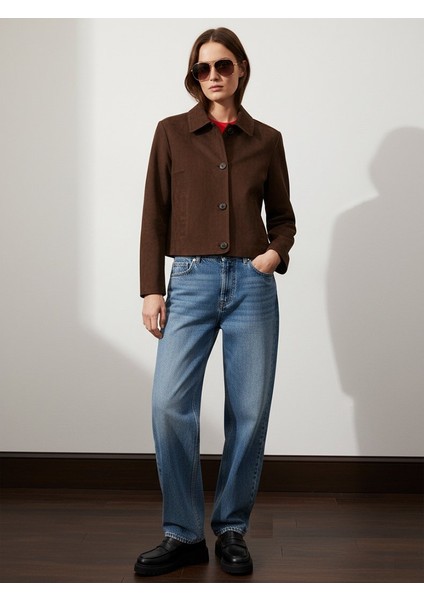 Uzun Kollu Önü Düğmeli Cropped Kahve Rengi Ceket