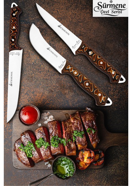 Sürmene Serisi Mutfak Bıçak Seti Yüzme Sıyırma Kasap Et Sebze Bıçağı 3 Lü Kahve Verzalit Sap HDS-133