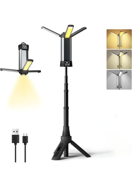 Edilebilir LED Çalışma Işığı Şantiye Aydınlatması Kablosuz Çalışma Seti, 500/1000/2000 Lümen 3500/6500K Kısılabilir 6AH Kamp Işığı Üçayak ve Kancalar (3 Kanatlı)