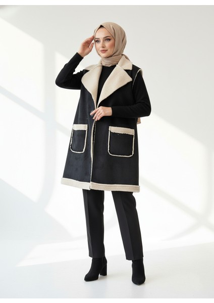 Deri Düğme Aksesuarlı Uzun Yelek-Siyah