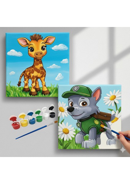 TATİL-KARNE HEDİYESİ 2'li Tuval Boyama Seti 20X20 cm Uv Baskı 6 Akrilik Boya 1 FIRÇA-MODEL-392