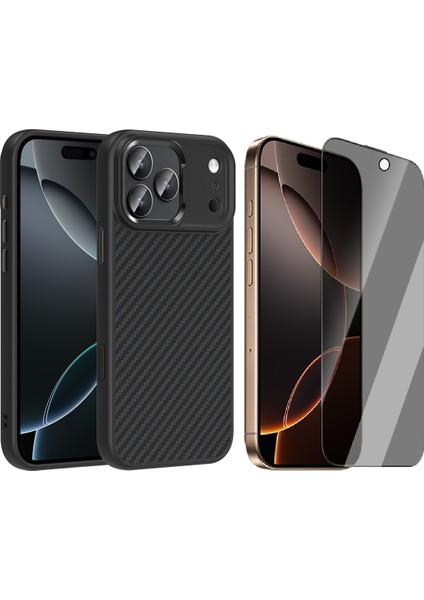 iPhone 17 Pro Max Kılıf M-Safe Şarj Özellikli Karbon Fiber Görünümlü Zore Truva Silikon Kapak + Hayalet Ekran Koruyucu