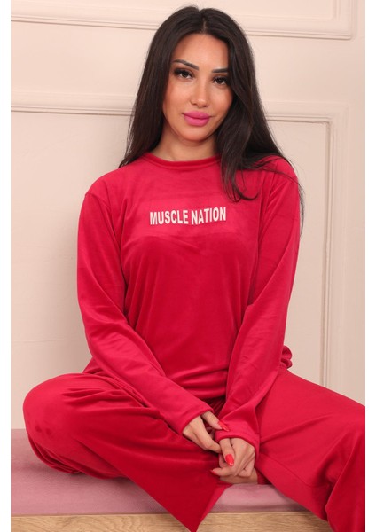 Kadın Sloganlı Uzun Kollu Kadife Pijama Takımı