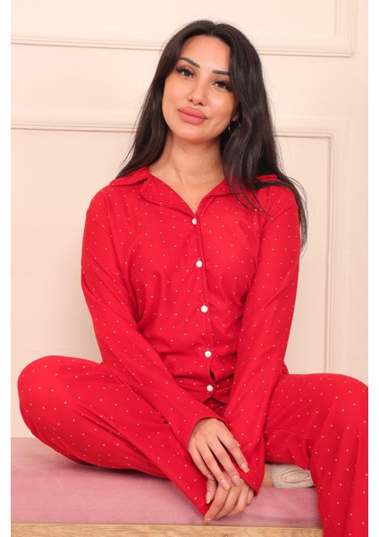 Kadın Minik Puantiye Desenli Önü Düğmeli Uzun Kol Altı Uzun Süet Pijama Takımı fiyatları