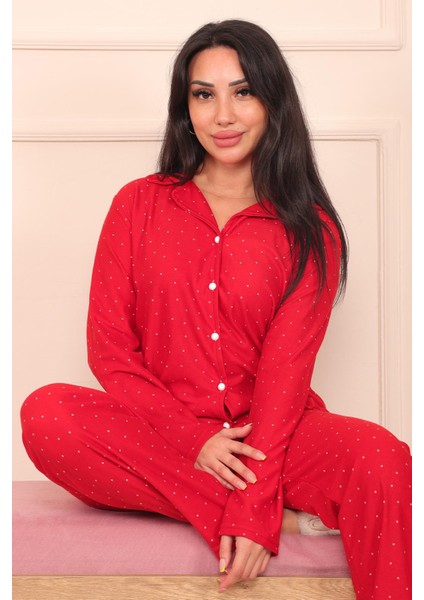 Kadın Minik Puantiye Desenli Önü Düğmeli Uzun Kol Altı Uzun Süet Pijama Takımı modelleri