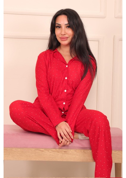 Kadın Minik Puantiye Desenli Önü Düğmeli Uzun Kol Altı Uzun Süet Pijama Takımı fırsatları