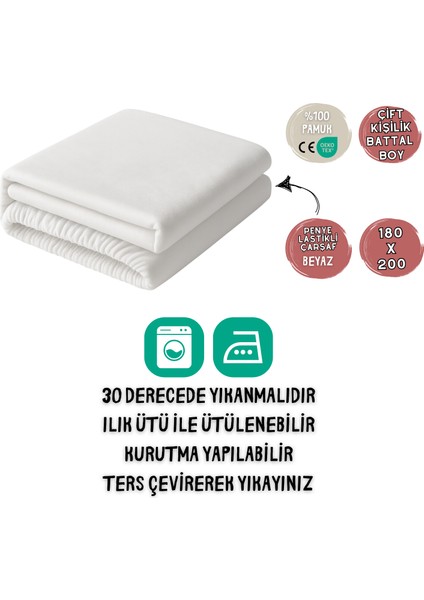 %100 Pamuk Likralı Lastikli Penye Çarşaf – Beyaz – Çift Kişilik Battal Boy (180X200) fiyatları