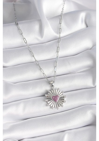 316L Çelik Gümüş Renk Pembe Zirkon Taşlı Kalp İşleme Madalyon Model Kadın Kolye - TJ-BKO9533 fiyatları