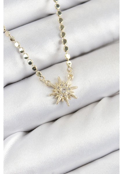 Pirinç Zirkon Taşlı Kutup Yıldızı Model Ezme Zincir Gold Renk Kadın Kolye - TJ-BKO10390