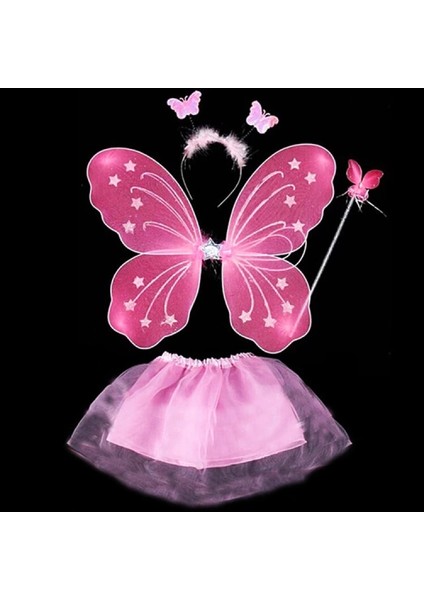 Toz Pembe Kelebek Kostümü - Toz Pembe Kelebek Kostüm Aksesuar Seti 4 Parça (K95)