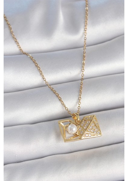 316L Çelik Gold Renk Zincir Zirkon Taşlı Açılır Incili Elmas Model Kadın Kolye - TJ-BKO10049