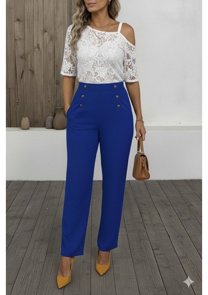 Kadın Düğme Detay Bol Paça Ithal Krep Pantolon