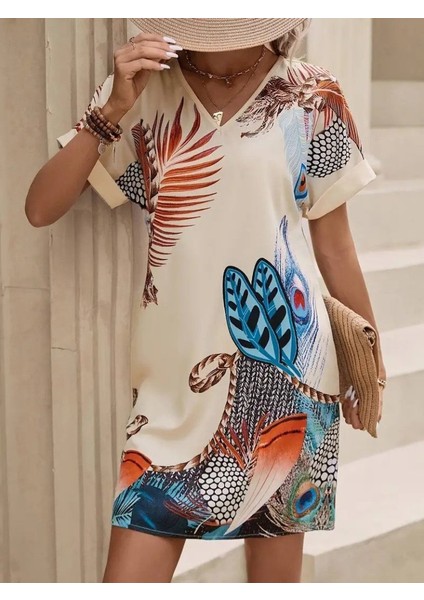 Kadın Kısa Kollu V Yakalı Desenli Mini Atlas Elbise fırsatları