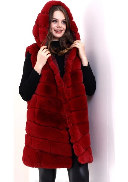 Kapşonlu Peluş Kürk Yelek Premium Kalite, Tam Astarlı, Uzun Model - Kırmızı
