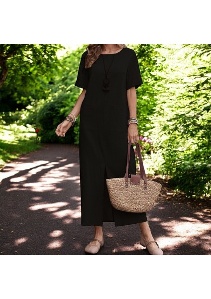 Günlük Yırtmaç Detaylı Keten Elbise fiyatları
