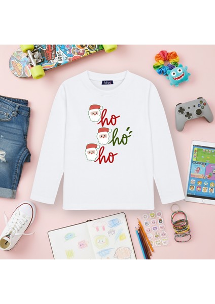 Yeni Yıl Noel Baba Hohoho Uzun Kollu Baskılı Unisex Tişört (4-13 Yaş)