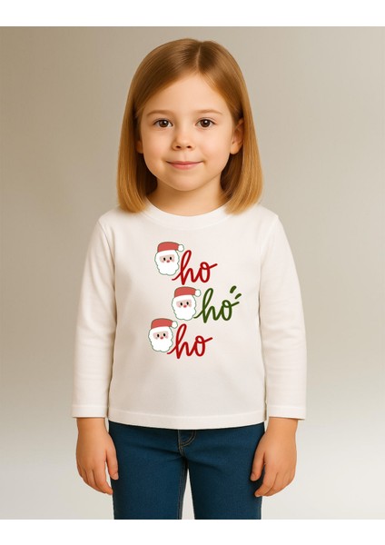 Yeni Yıl Noel Baba Hohoho Uzun Kollu Baskılı Unisex Tişört (4-13 Yaş) modelleri
