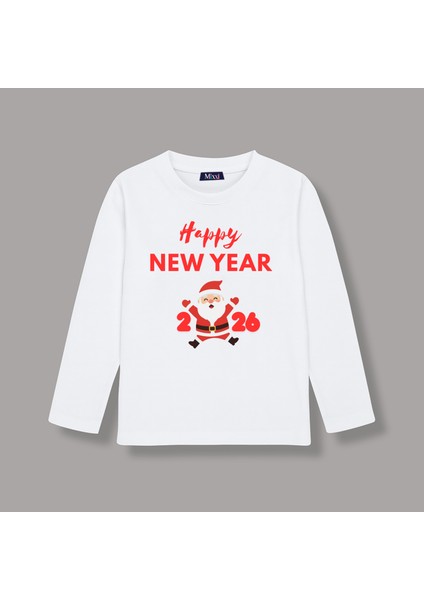Yeni Yıl Happy New Year 2026 Uzun Kollu Baskılı Unisex Tişört (4-13 Yaş)
