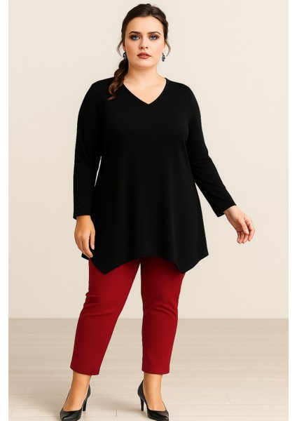 Büyük Beden V Yaka Uzun Kol Yırtmaçlı Tunik