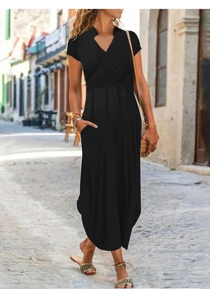 Kadın Kısa Kollu Hakim V Yaka Viskon Elbise modelleri