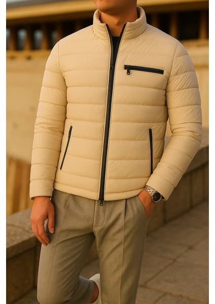 Erkek Kışlık Comfort Trend Günlük Krem Şişme Mont modelleri