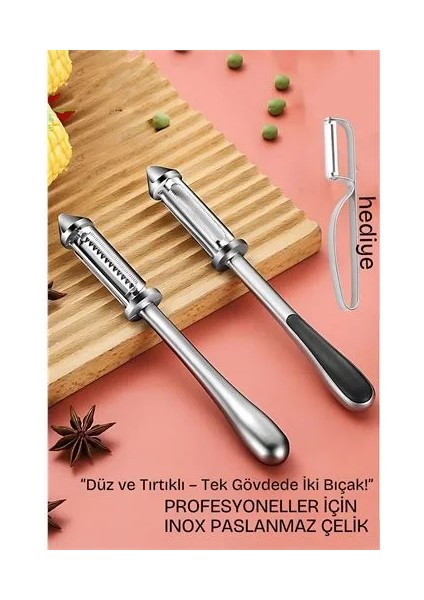 2 Lı Inox Paslanmaz Çelik Sebze Soyacak | Düz ve Tırtıklı | Çok Amaçlı Kullanım