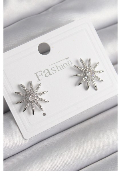 Pirinç Gümüş Renk Zirkon Taşlı Yıldız Model Kadın Küpe - Lisinya