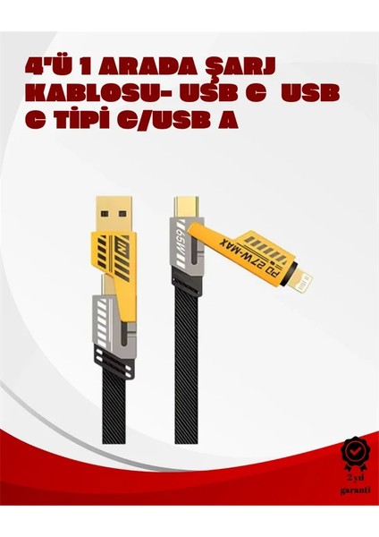 Dönüştürülebilir 4 Başlıklı Hızlı Şarj Kablosu – 1.2m, 65W, Dayanıklı ve Esnek Tasarım