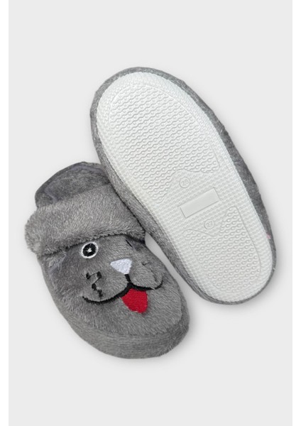 Çocuk Cırtlı Kaydırmaz Taban Anaokulu Kreş Ev Ayakkabısı Panduf Gri