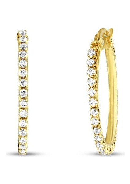 Taşlı Altın Halka Küpe - 14K