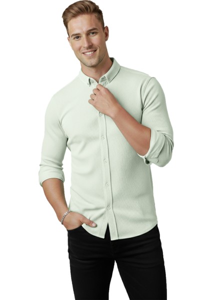 Erkek Mint Yeşili Likralı Kumaşı Fitilli Slim Fit Uzun Kollu Gömlek 2500805