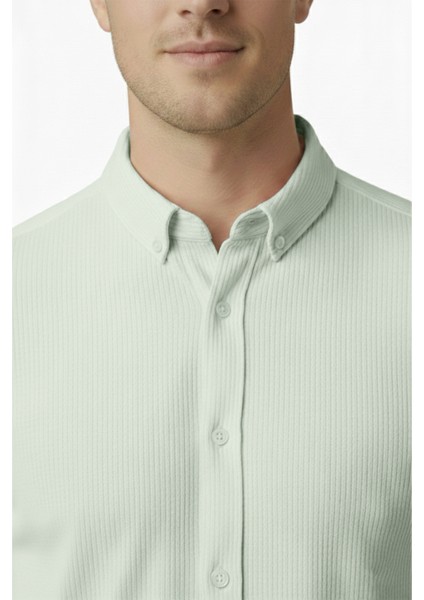 Erkek Mint Yeşili Likralı Kumaşı Fitilli Slim Fit Uzun Kollu Gömlek 2500805 fırsatları