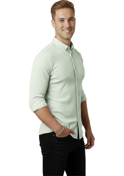 Erkek Mint Yeşili Likralı Kumaşı Fitilli Slim Fit Uzun Kollu Gömlek 2500805 fiyatları