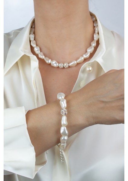 Barok Inci Taşlı Rondela Detay Kolye Bileklik Set