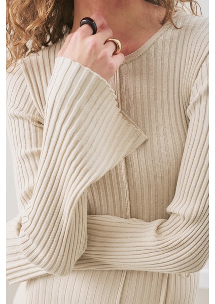 Kloş Etekli Lastik Örgü Elbise Bej fırsatları