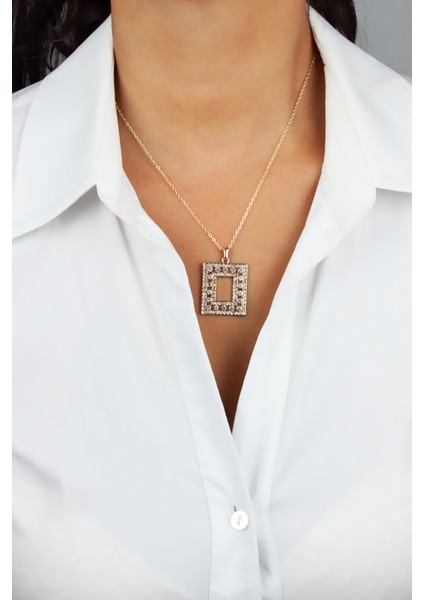 Zirkon Taşlı Kare Uçlu Ince Zincir Gold Kolye