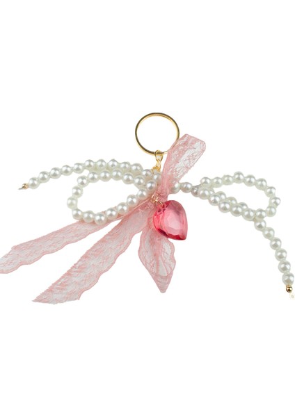 Inci Boncuklu Pembe Kalp Detaylı Anahtarlık