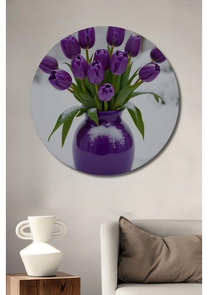 Mor Lale Buketi Kış Manzarası Sulu Boya Görünümlü Dekoratif Ahşap Tablo Yuvarlak Tablo