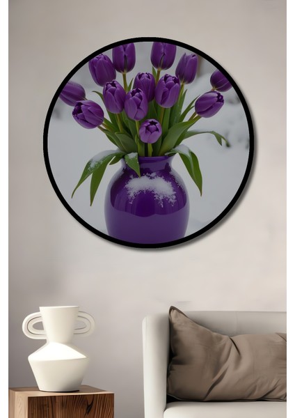 Mor Lale Buketi Kış Manzarası Sulu Boya Görünümlü Dekoratif Ahşap Tablo Yuvarlak Tablo fiyatları