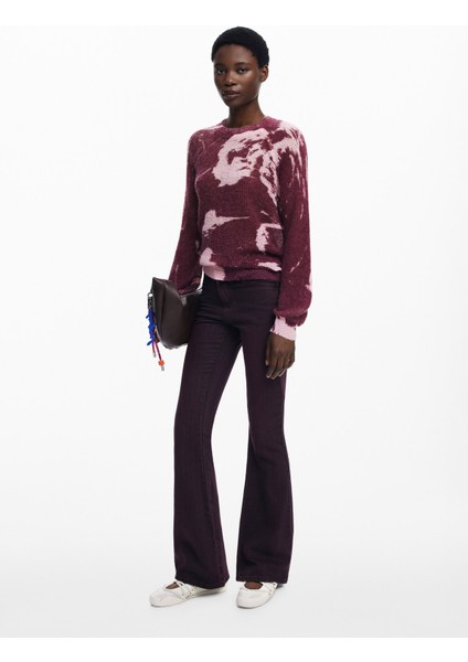 Yuvarlak Yaka Standart Desenli Kırmızı Kazak Kadın 25WWJF31