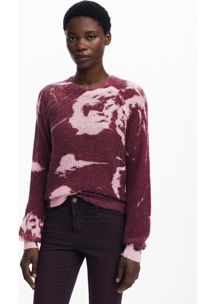 Yuvarlak Yaka Standart Desenli Kırmızı Kazak Kadın 25WWJF31 fiyatları