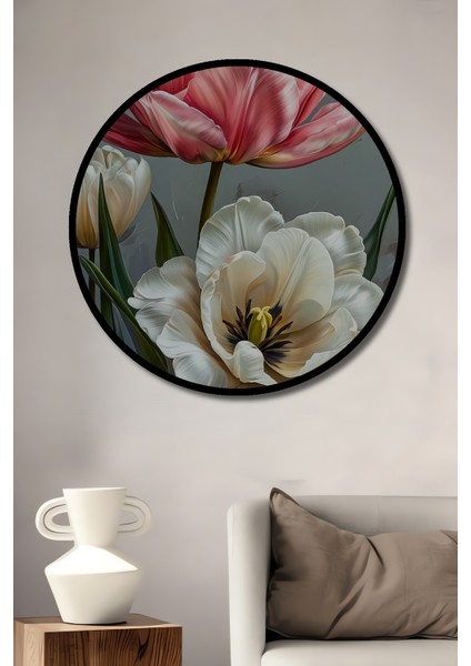 Romantik Lale Bahçesi Yağlı Boya Görünümlü Dekoratif Ahşap Tablo Yuvarlak Tablo fiyatları