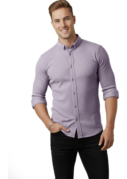 Erkek Gri Likralı Kumaşı Fitilli Slim Fit Uzun Kollu Gömlek 2500805